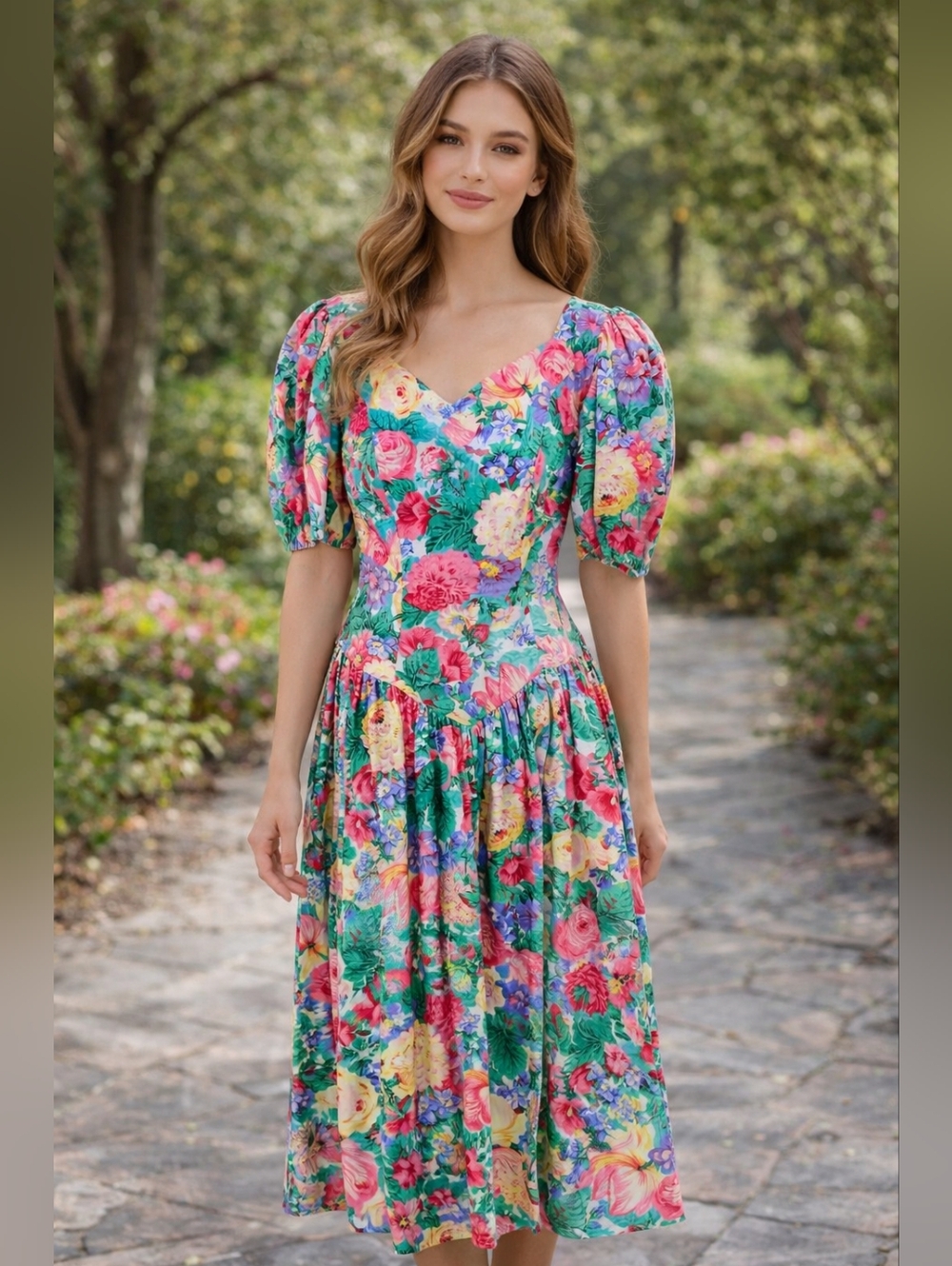 Vintage 80s 90s Floral Midi Dress Dropped Waist Puff Sleeve Tea Length